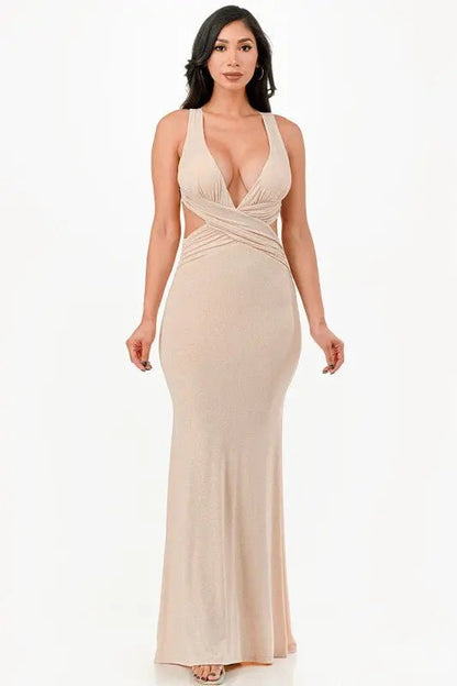 Glittered Crisscross Back Ruched Dress - Couture Envy