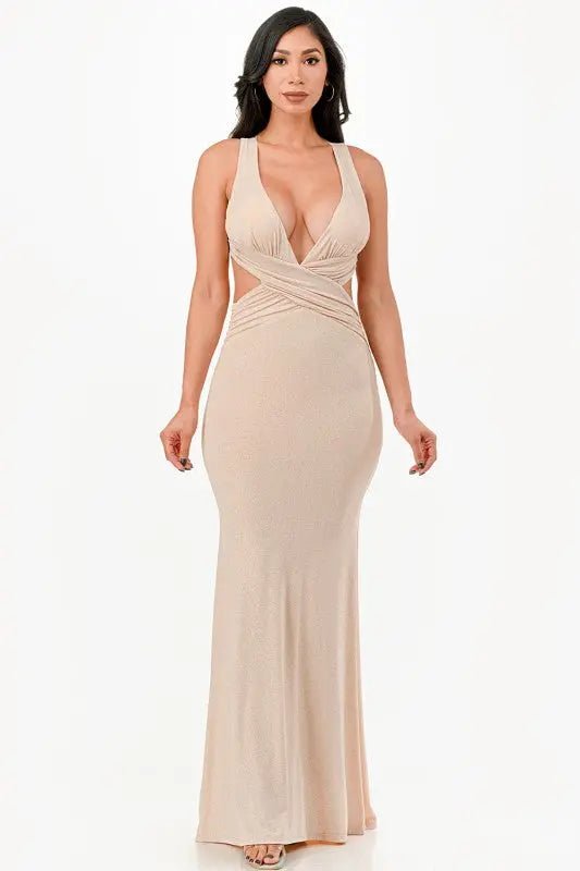 Glittered Crisscross Back Ruched Dress - Couture Envy