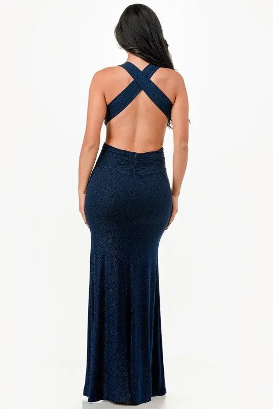 Glittered Crisscross Back Ruched Dress - Couture Envy
