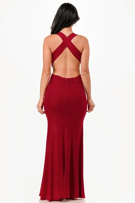 Glittered Crisscross Back Ruched Dress - Couture Envy