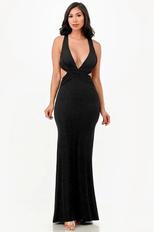 Glittered Crisscross Back Ruched Dress - Couture Envy
