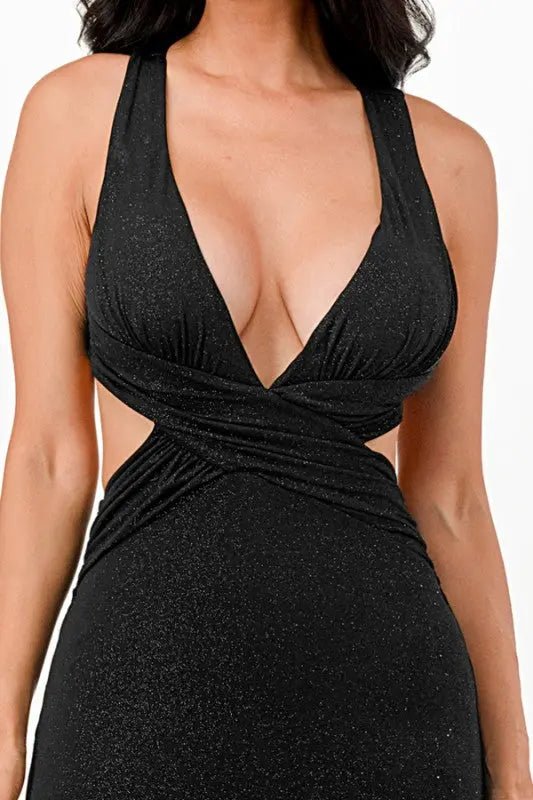 Glittered Crisscross Back Ruched Dress - Couture Envy