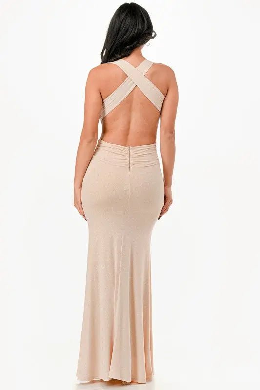Glittered Crisscross Back Ruched Dress - Couture Envy