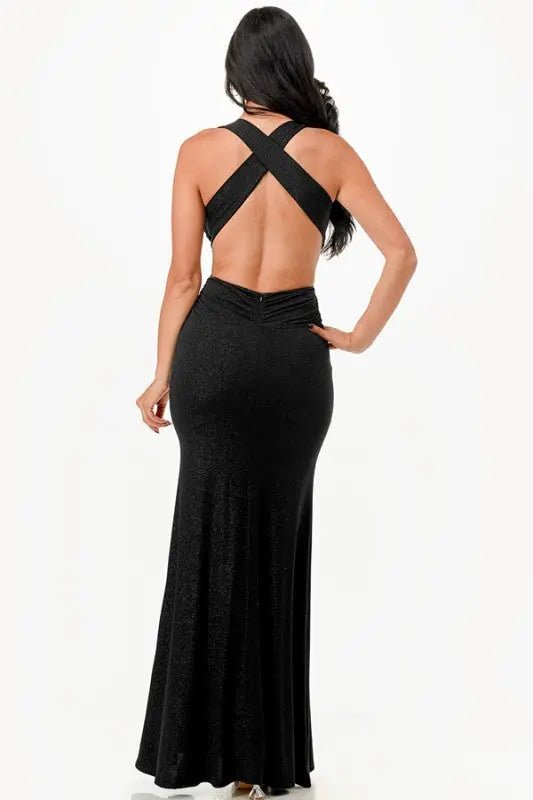 Glittered Crisscross Back Ruched Dress - Couture Envy
