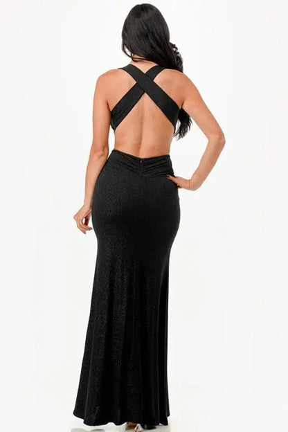 Glittered Crisscross Back Ruched Dress - Couture Envy