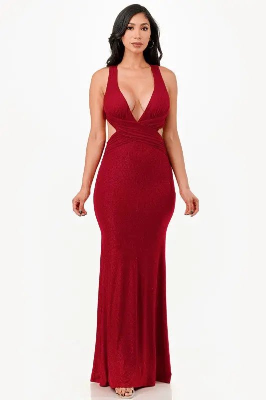 Glittered Crisscross Back Ruched Dress - Couture Envy