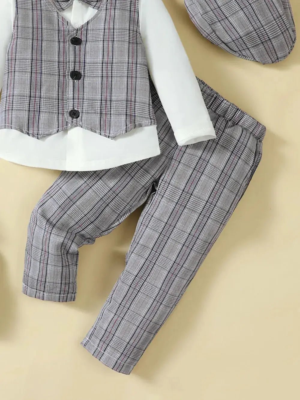 Hat, Long Sleeve Shirt, Plaid Vest and Pants 4 - Piece Set - Couture Envy