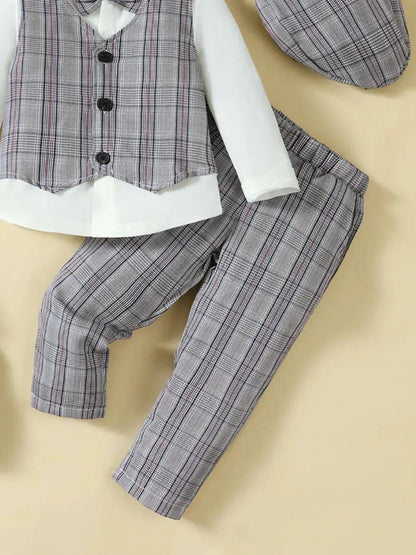 Hat, Long Sleeve Shirt, Plaid Vest and Pants 4 - Piece Set - Couture Envy