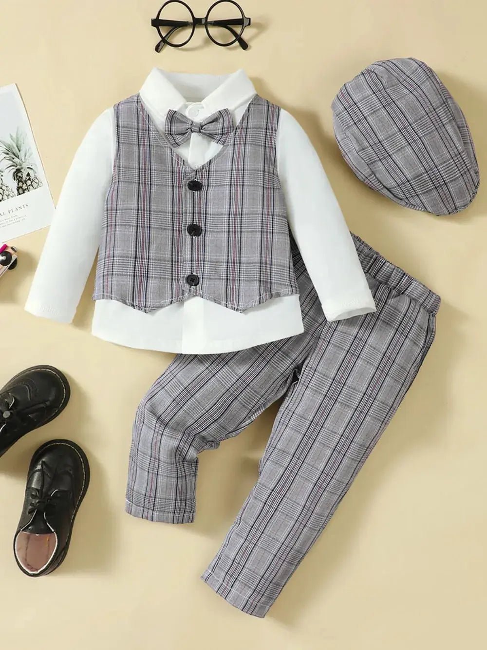Hat, Long Sleeve Shirt, Plaid Vest and Pants 4 - Piece Set - Couture Envy