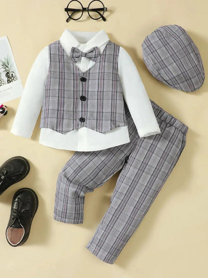 Hat, Long Sleeve Shirt, Plaid Vest and Pants 4 - Piece Set - Couture Envy