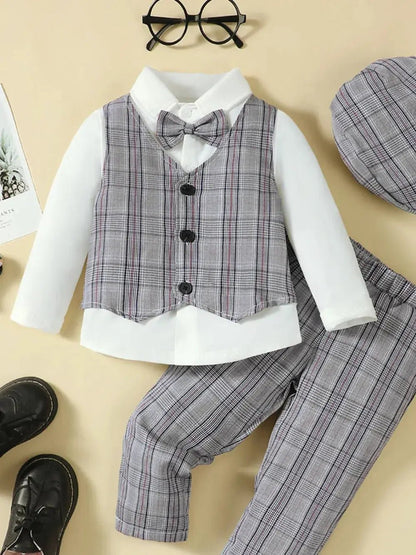 Hat, Long Sleeve Shirt, Plaid Vest and Pants 4 - Piece Set - Couture Envy