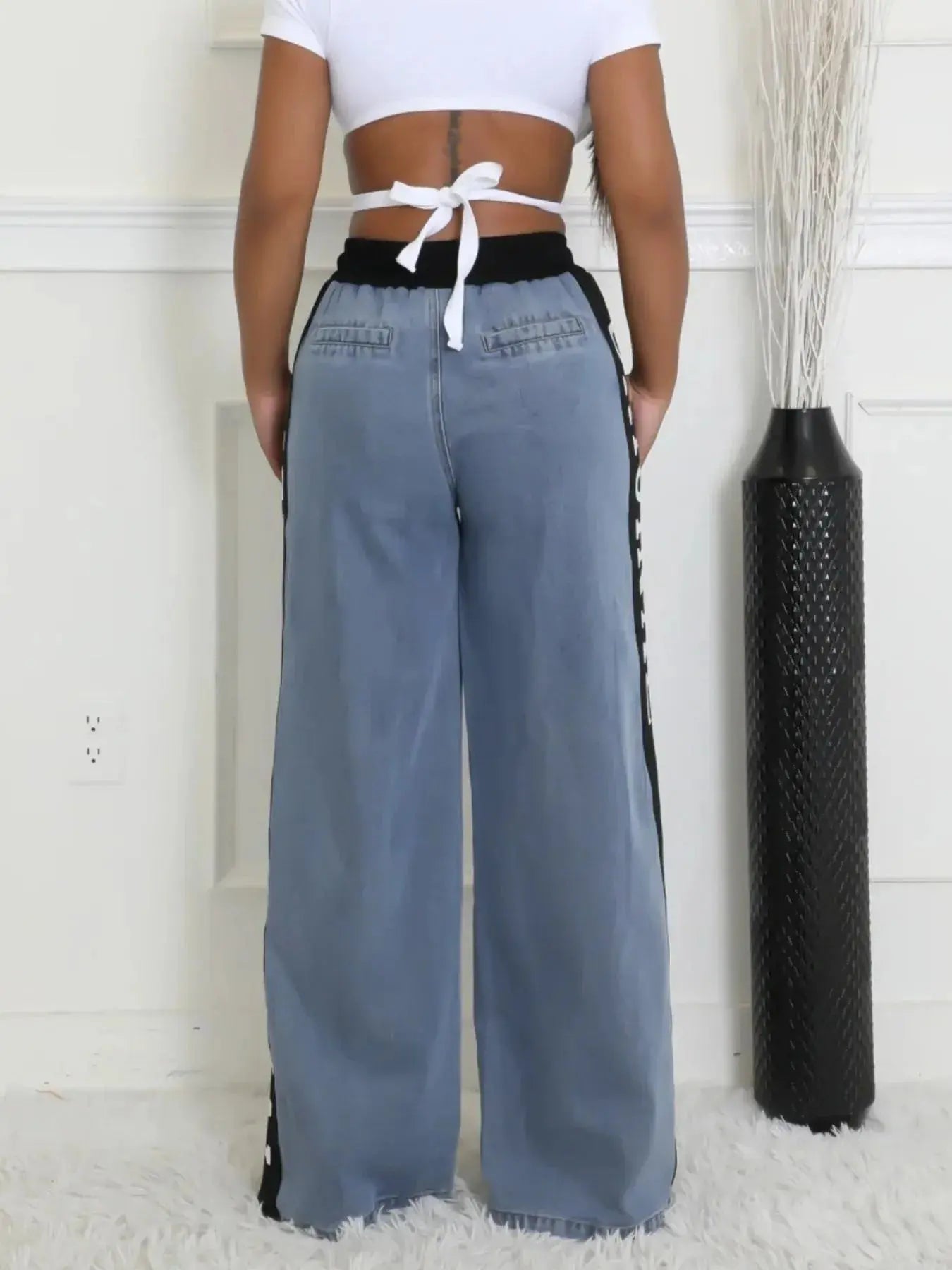 High Waist Wide Leg Denim Jeans with Side Letter Print - Couture Envy