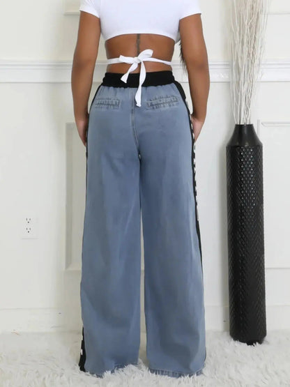High Waist Wide Leg Denim Jeans with Side Letter Print - Couture Envy