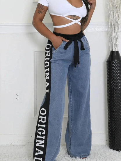 High Waist Wide Leg Denim Jeans with Side Letter Print - Couture Envy