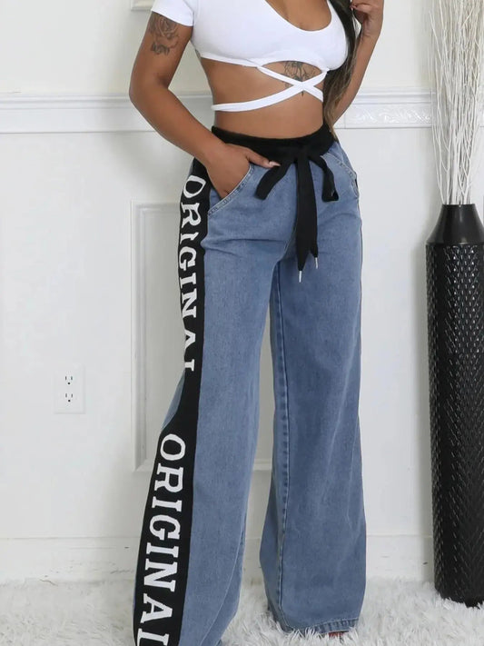 High Waist Wide Leg Denim Jeans with Side Letter Print - Couture Envy