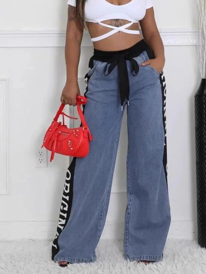 High Waist Wide Leg Denim Jeans with Side Letter Print - Couture Envy