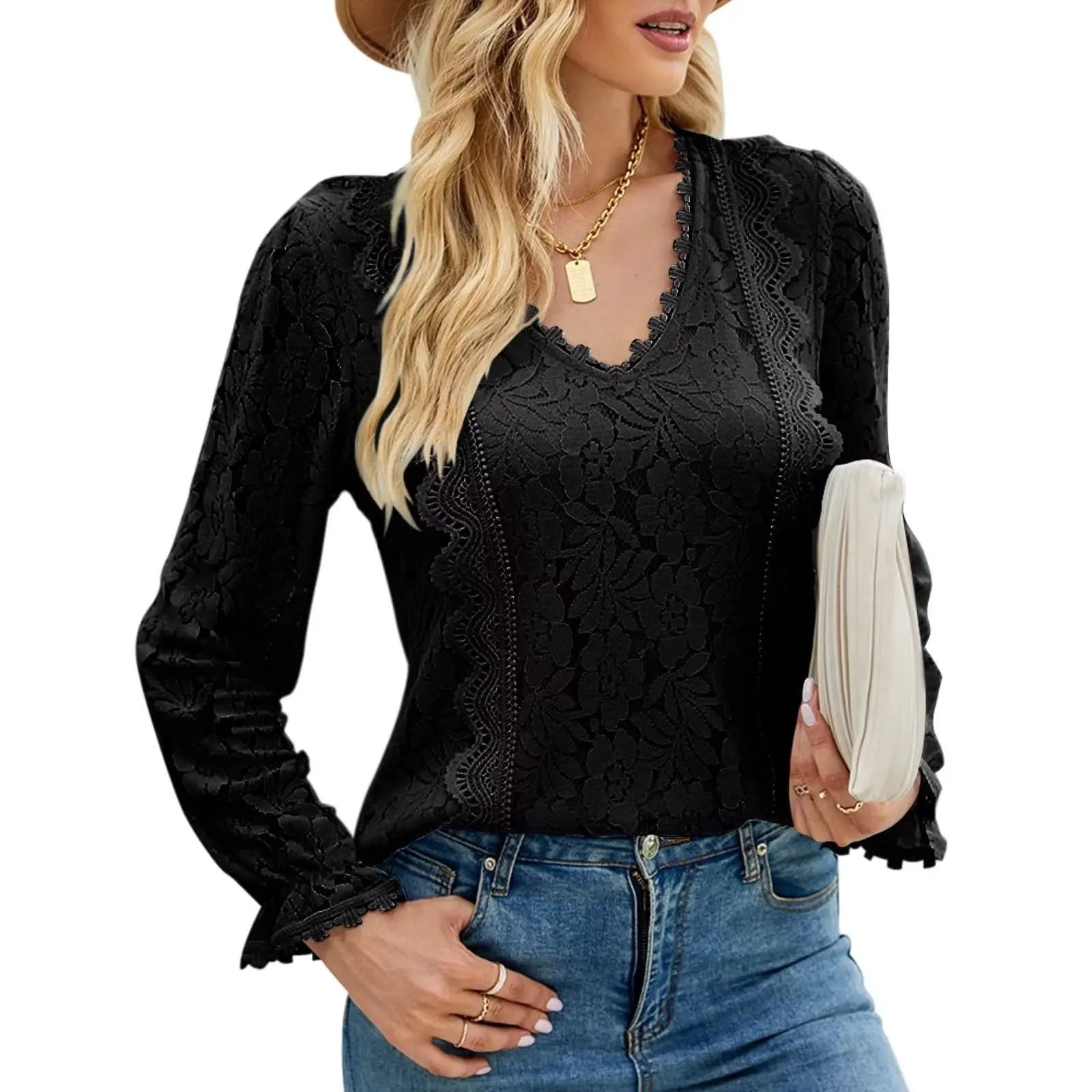 Hollow Long Sleeve Lace Top Woman - Couture Envy