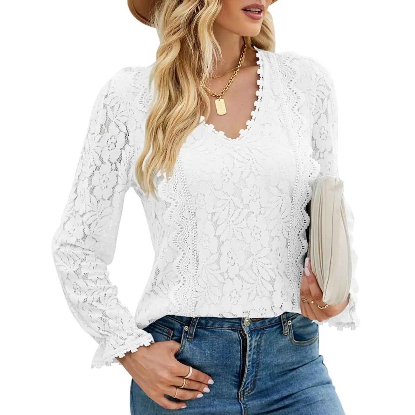Hollow Long Sleeve Lace Top Woman - Couture Envy