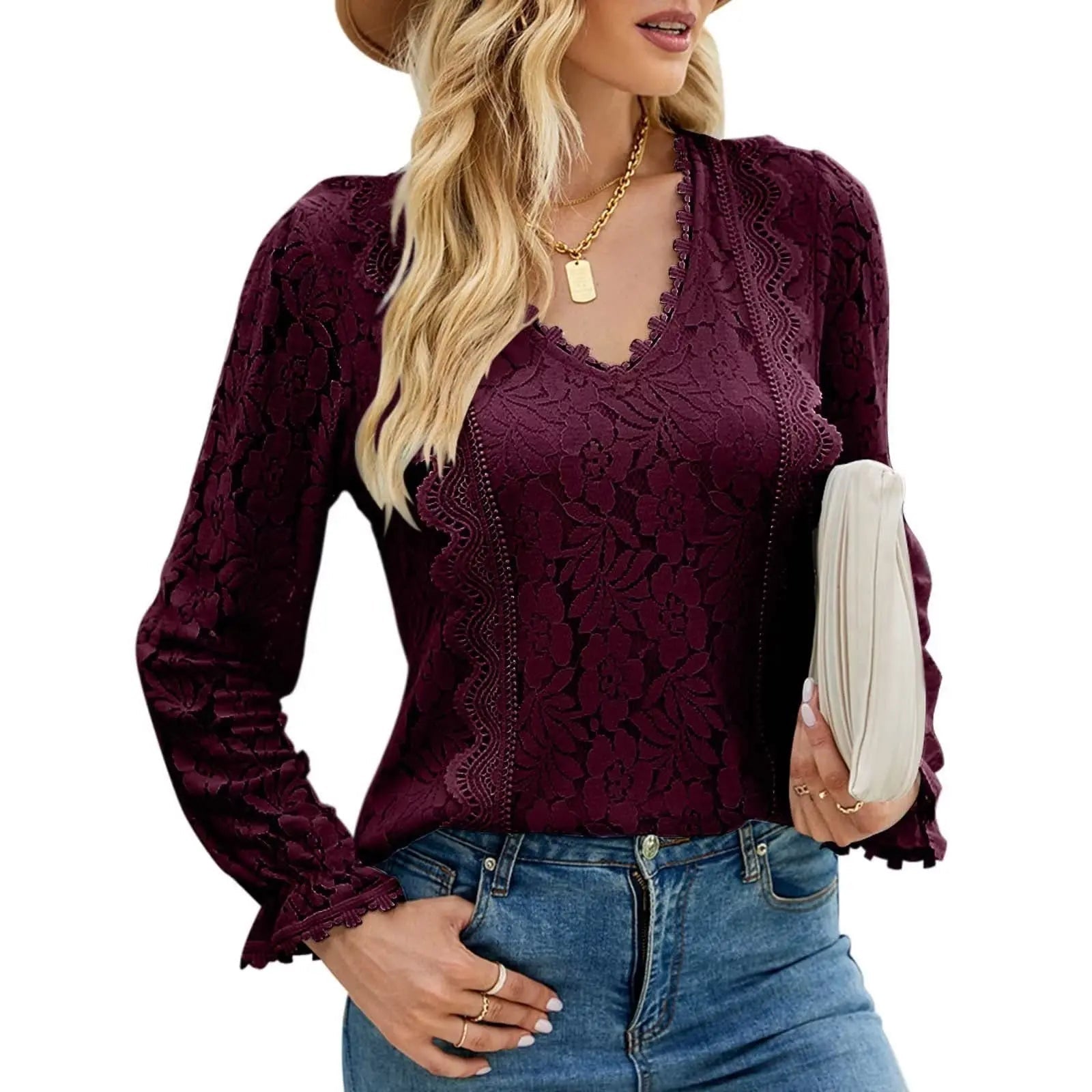 Hollow Long Sleeve Lace Top Woman - Couture Envy