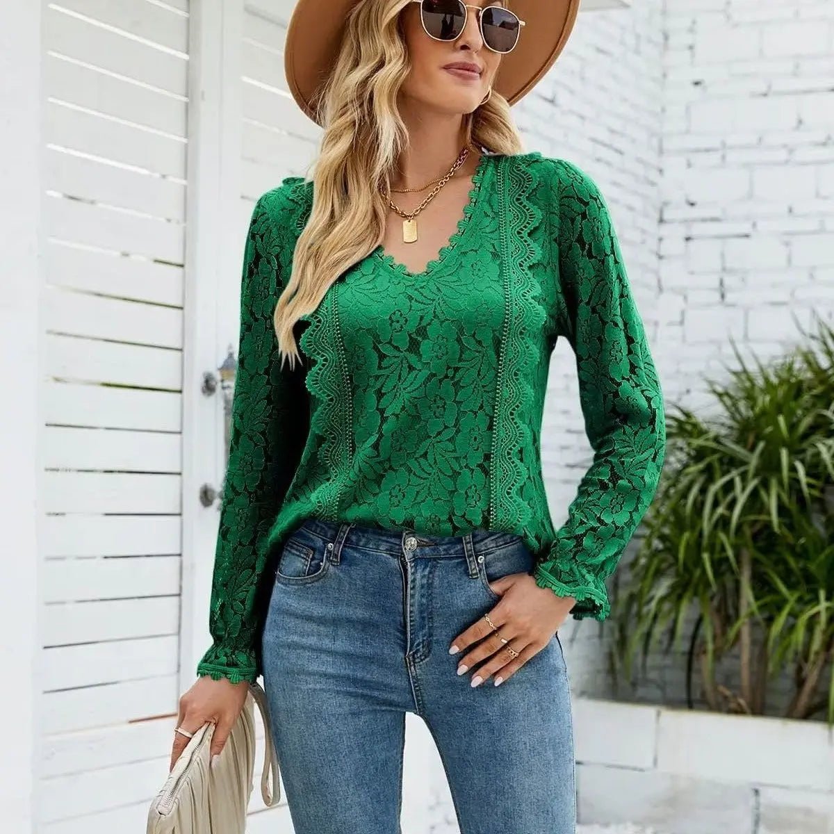 Hollow Long Sleeve Lace Top Woman - Couture Envy