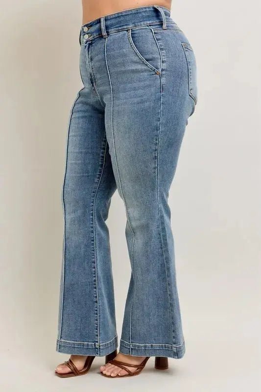 Judy Blue Full Size High - Waist Flare Denim Jeans with Front Seam Detail Plus Size - Couture Envy