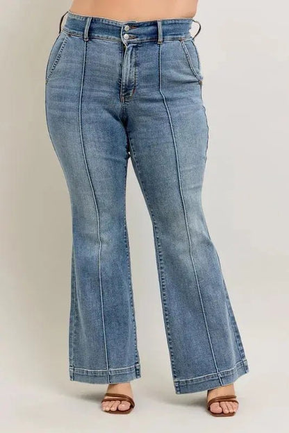 Judy Blue Full Size High - Waist Flare Denim Jeans with Front Seam Detail Plus Size - Couture Envy