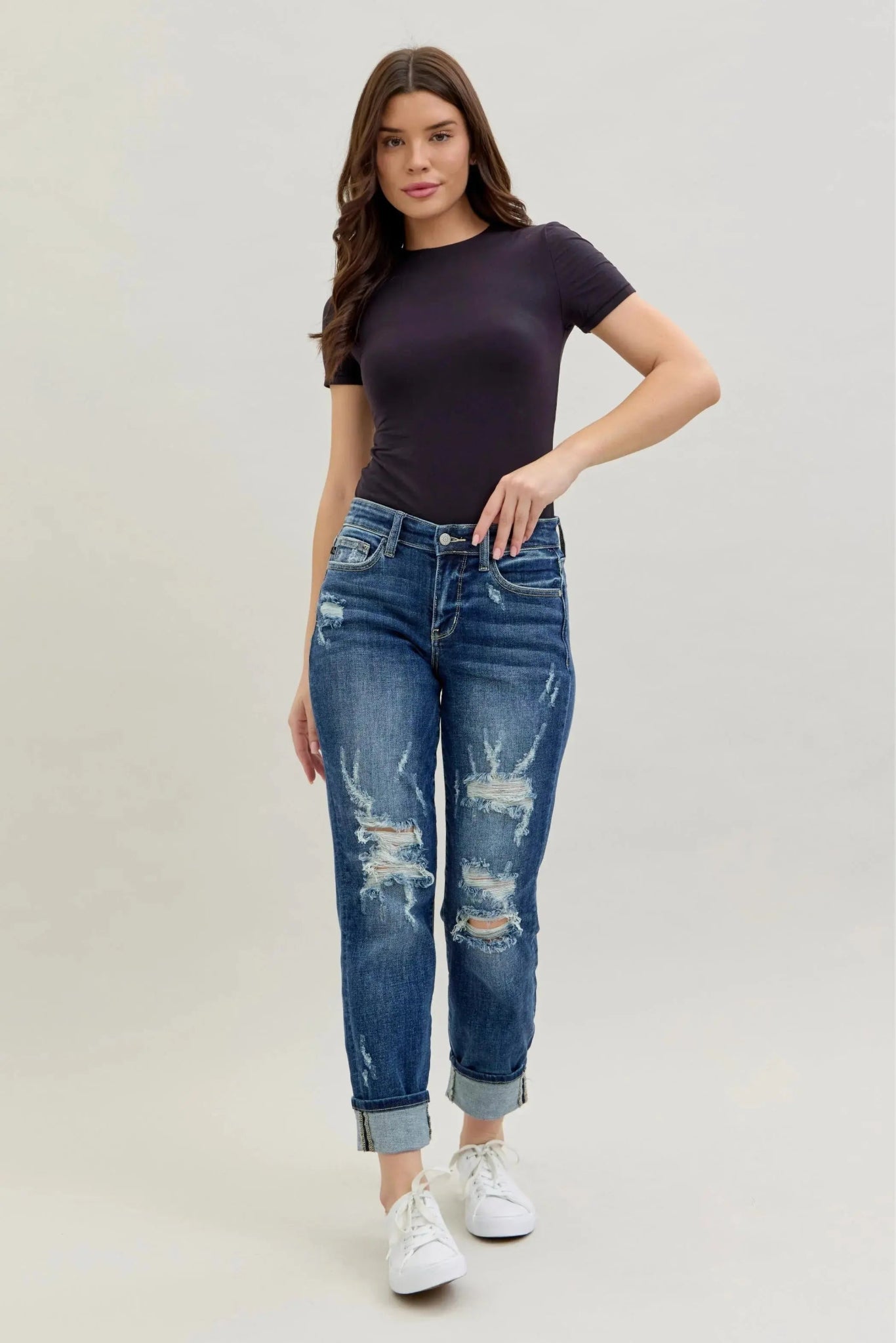 Judy Blue Full Size Mid Rise Cuffed Destroy Bf Jeans Plus Size - Couture Envy