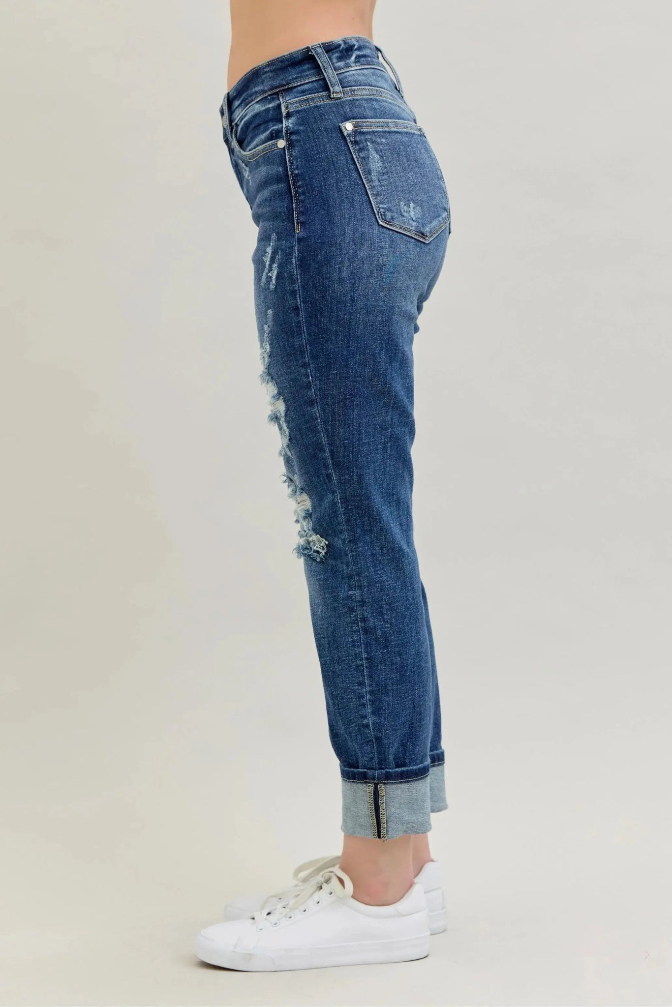 Judy Blue Full Size Mid Rise Cuffed Destroy Bf Jeans Plus Size - Couture Envy