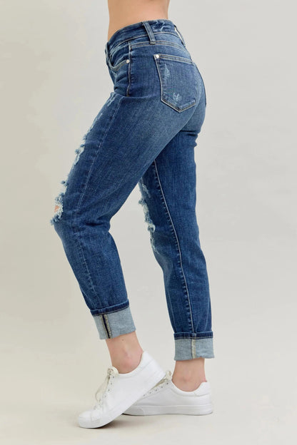 Judy Blue Full Size Mid Rise Cuffed Destroy Bf Jeans Plus Size - Couture Envy