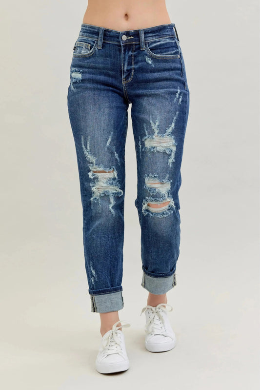Judy Blue Full Size Mid Rise Cuffed Destroy Bf Jeans Plus Size - Couture Envy