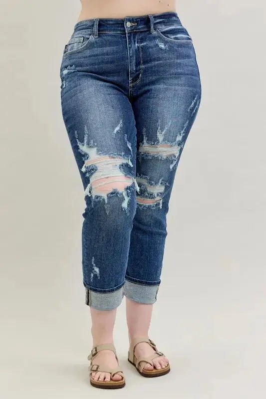 Judy Blue Full Size Mid Rise Cuffed Destroy Bf Jeans Plus Size - Couture Envy