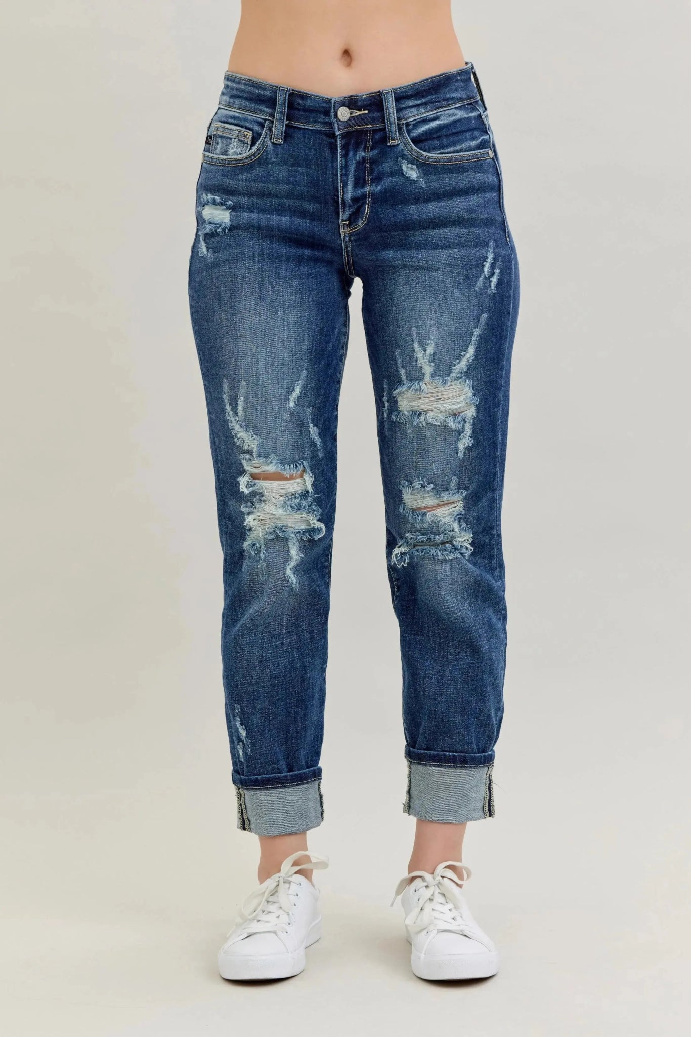 Judy Blue Full Size Mid Rise Cuffed Destroy Bf Jeans Plus Size - Couture Envy