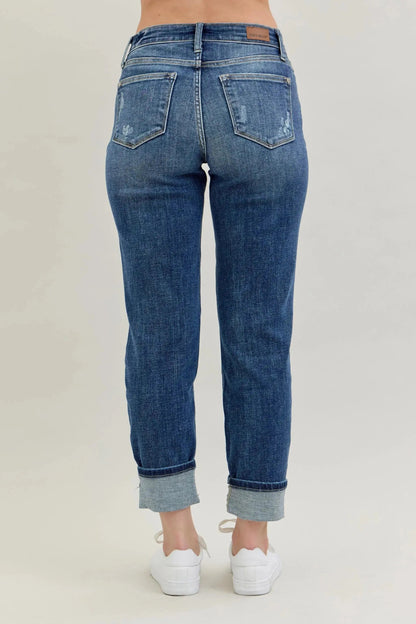 Judy Blue Full Size Mid Rise Cuffed Destroy Bf Jeans Plus Size - Couture Envy