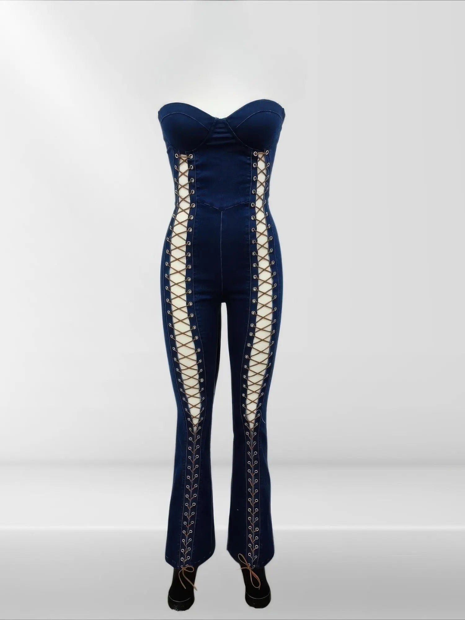 Lace Up Detail Denim Jumpsuit - Couture Envy