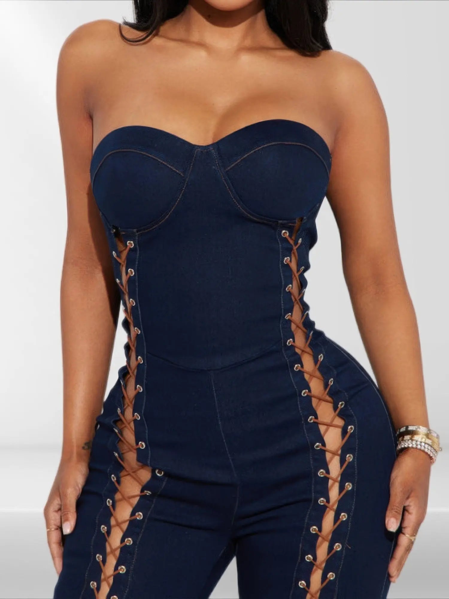 Lace Up Detail Denim Jumpsuit - Couture Envy