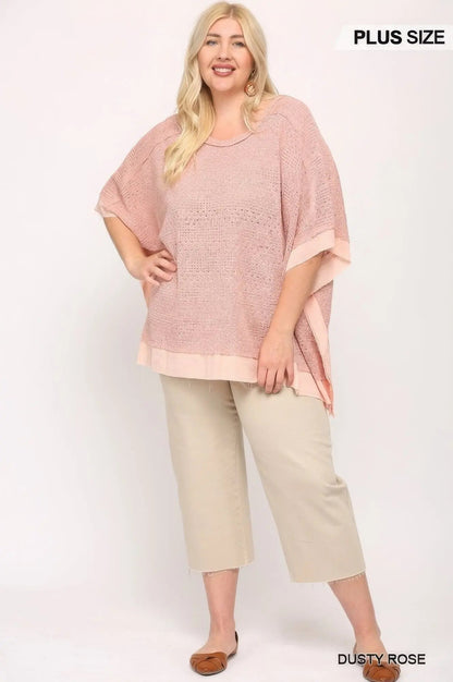 Light Knit And Woven Mixed Boxy Top With Poncho Sleeve - Couture Envy
