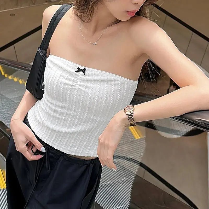 Little Woman Bow Stitching Pure Color Tube - top Top - Couture Envy