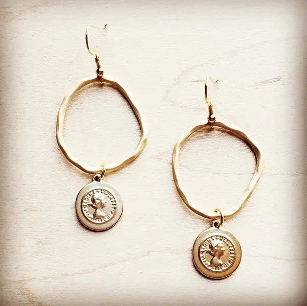 Matte Gold Hoop Earrings with Coin Dangle - Couture Envy