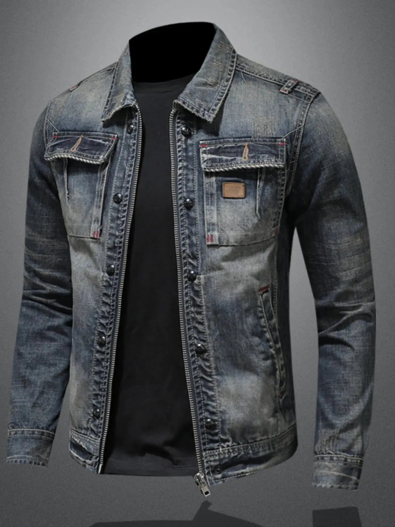 Men's Plus Size Washed Zip Up Denim Jacket with Chest Pockets - Couture Envy