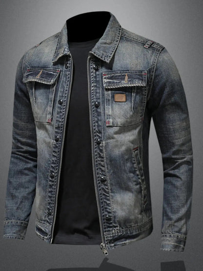 Men's Plus Size Washed Zip Up Denim Jacket with Chest Pockets - Couture Envy