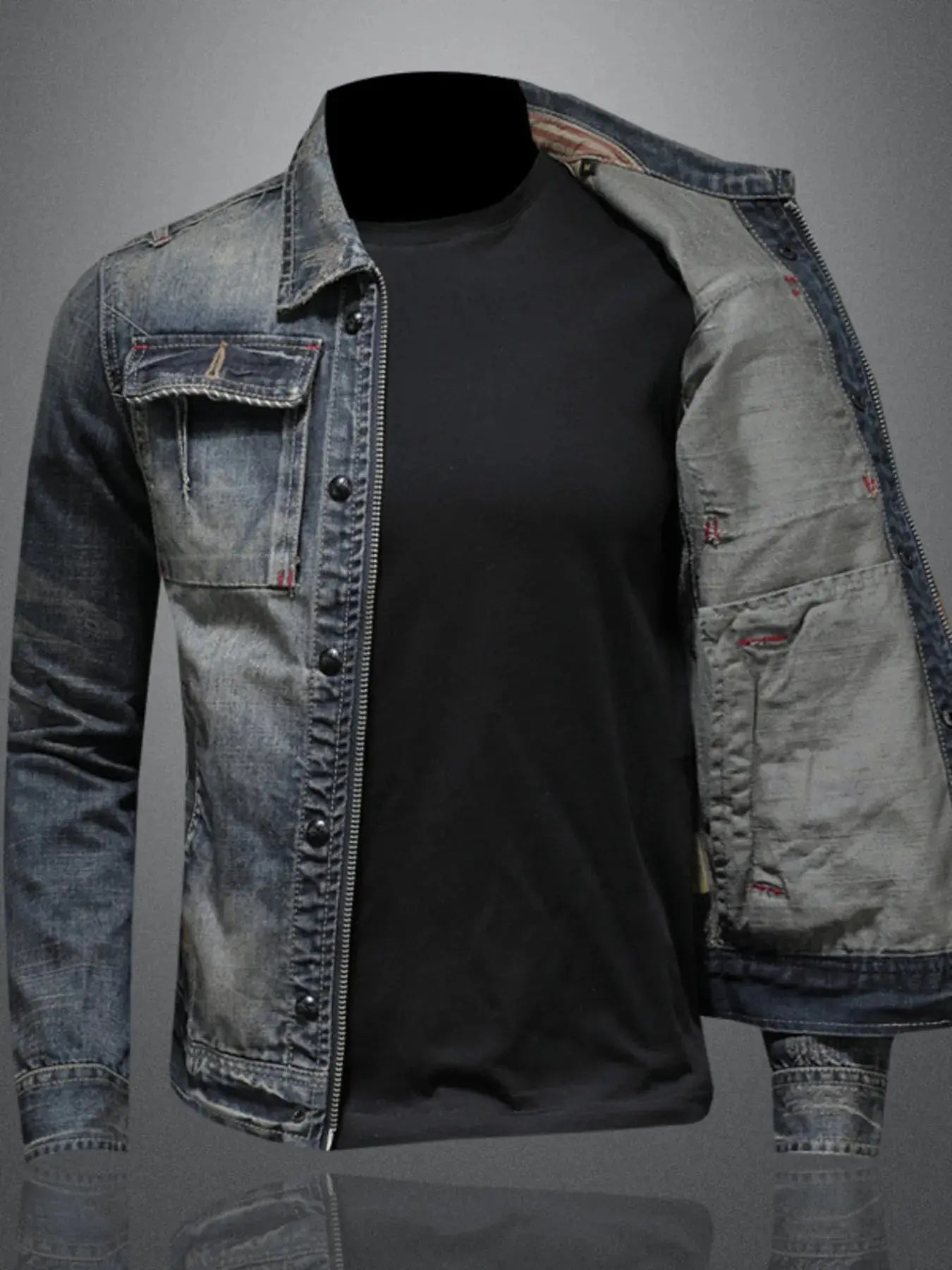 Men's Plus Size Washed Zip Up Denim Jacket with Chest Pockets - Couture Envy