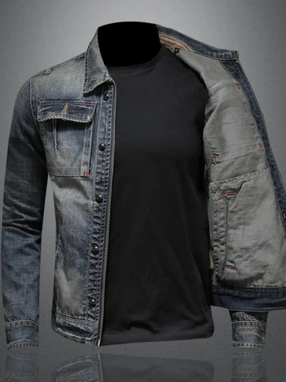 Men's Plus Size Washed Zip Up Denim Jacket with Chest Pockets - Couture Envy