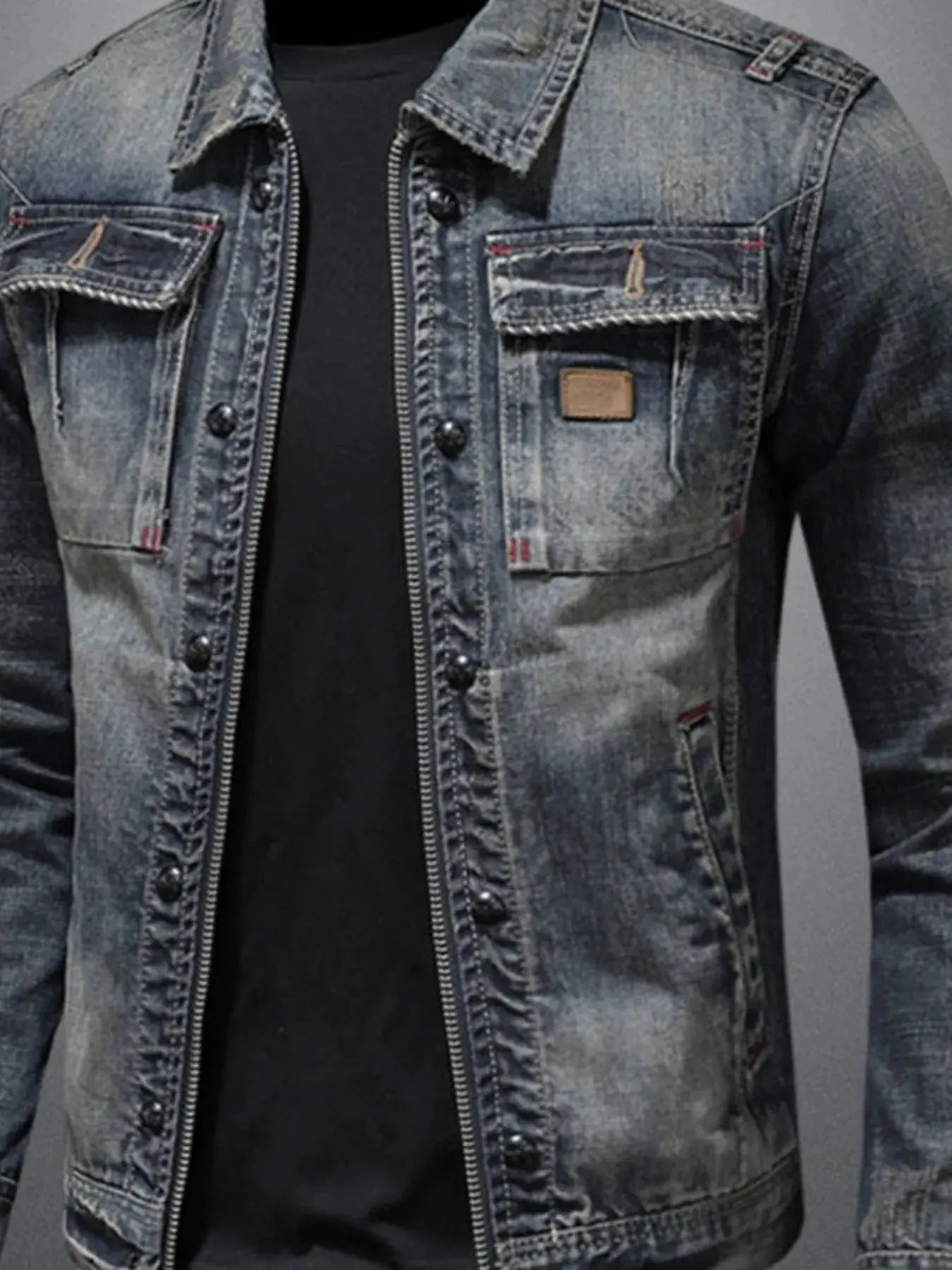 Men's Plus Size Washed Zip Up Denim Jacket with Chest Pockets - Couture Envy