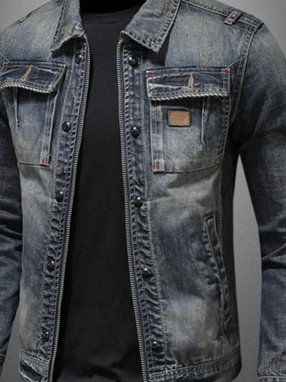 Men's Plus Size Washed Zip Up Denim Jacket with Chest Pockets - Couture Envy