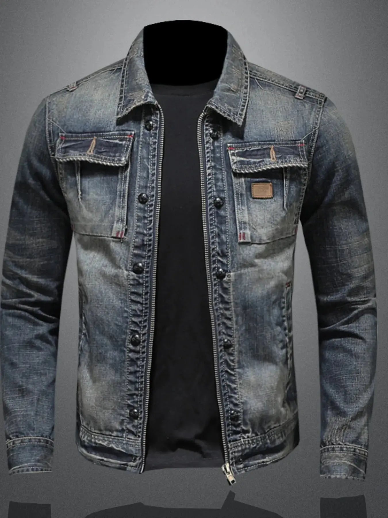 Men's Plus Size Washed Zip Up Denim Jacket with Chest Pockets - Couture Envy