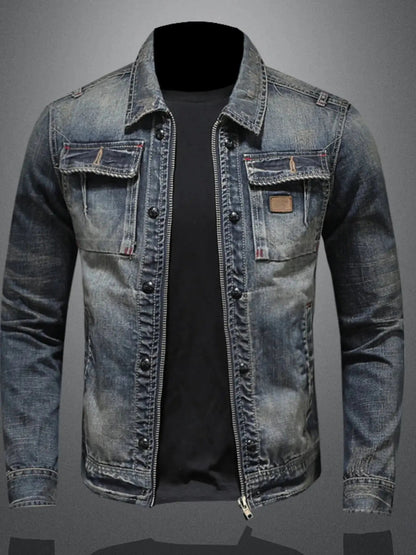 Men's Plus Size Washed Zip Up Denim Jacket with Chest Pockets - Couture Envy