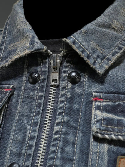 Men's Plus Size Washed Zip Up Denim Jacket with Chest Pockets - Couture Envy