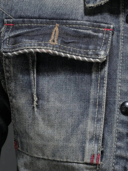 Men's Plus Size Washed Zip Up Denim Jacket with Chest Pockets - Couture Envy