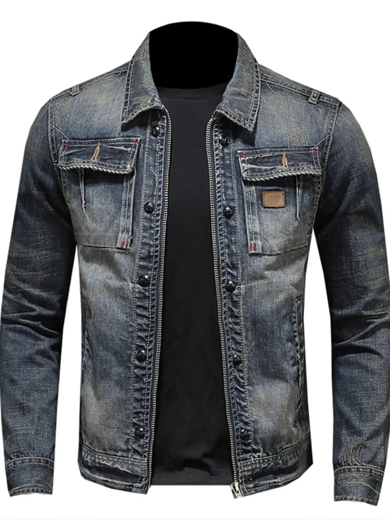 Men's Plus Size Washed Zip Up Denim Jacket with Chest Pockets - Couture Envy