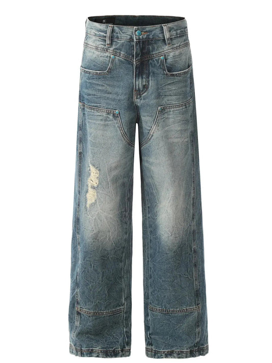 Men's Washed Distressed Straight Jeans with Seam Detail - Couture Envy